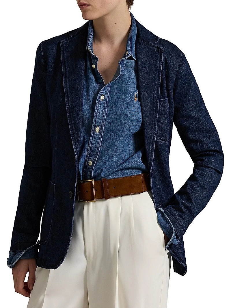 Cotton Denim Single-Breasted Blazer
