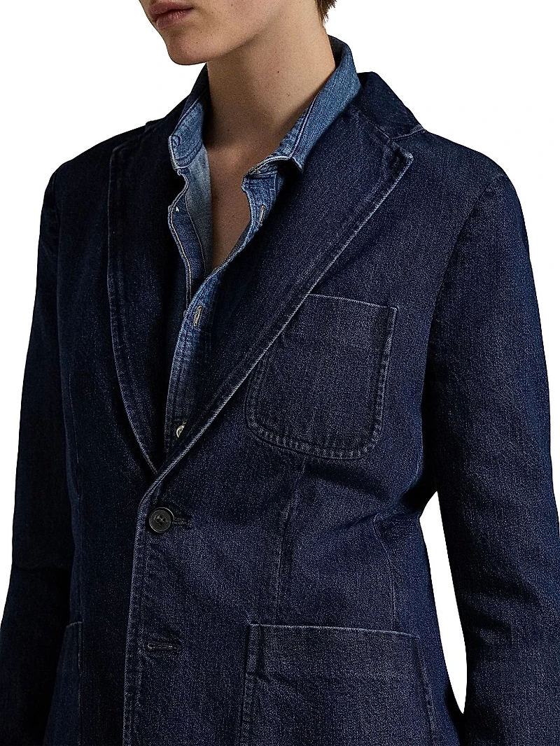 Cotton Denim Single-Breasted Blazer