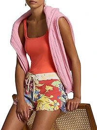 Tropical Floral Cotton Twill Swim Shorts