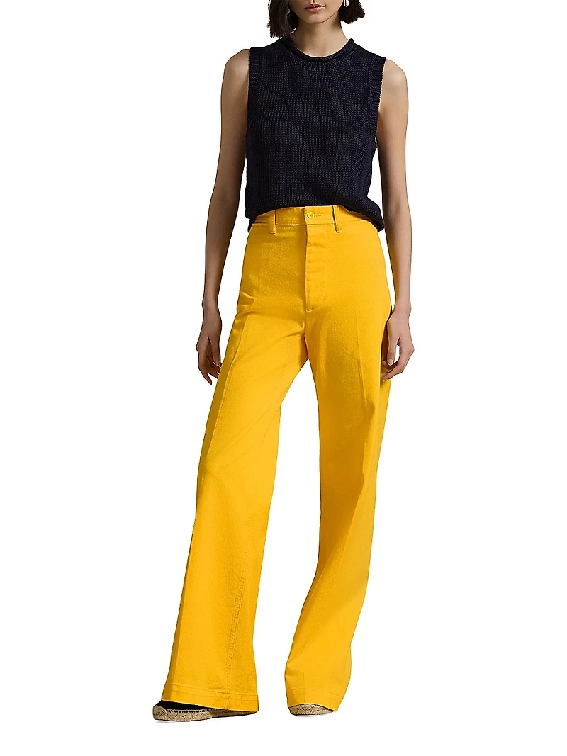 Stretch Cotton Twill Wide-Leg Pants