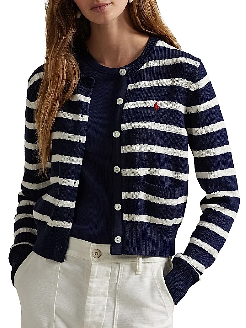 Striped Cotton Crewneck Cardigan