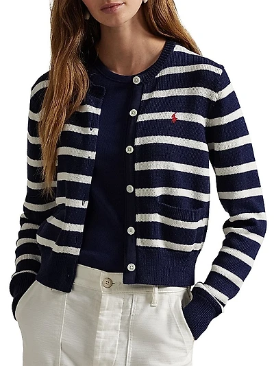 Striped Cotton Crewneck Cardigan