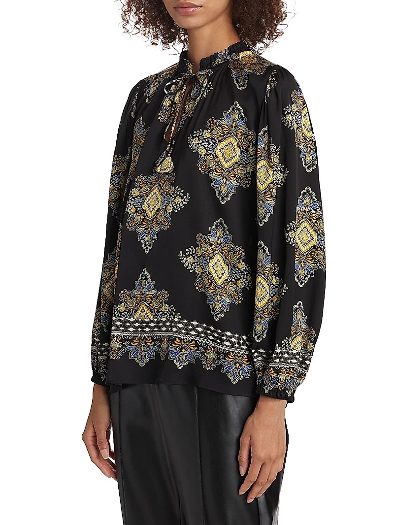 Tani Printed Silk-Blend Long-Sleeve Blouse