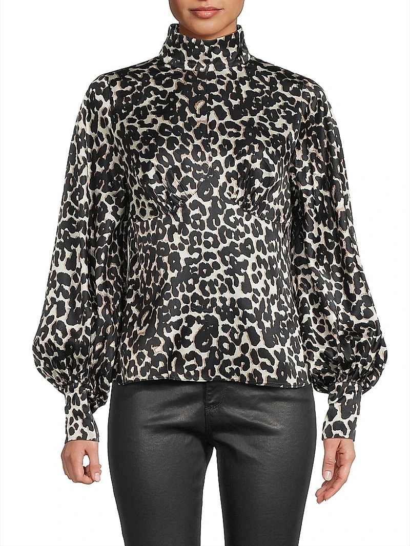 Leopard Satin Turtleneck Blouse