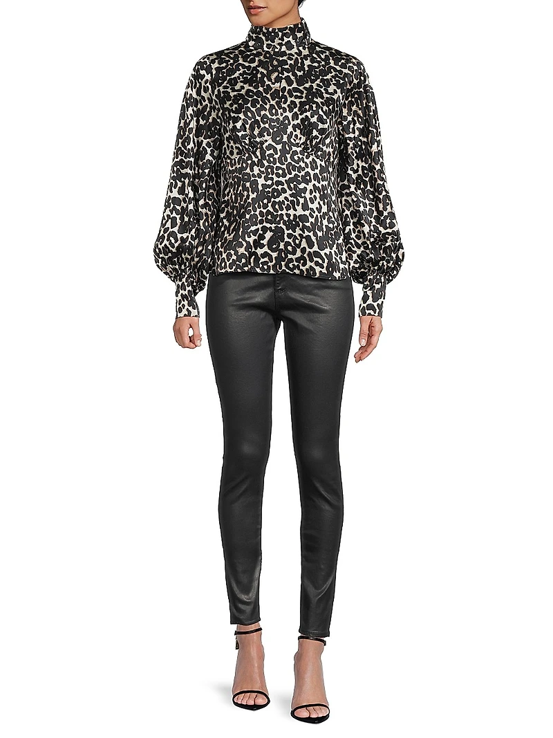 Leopard Satin Turtleneck Blouse
