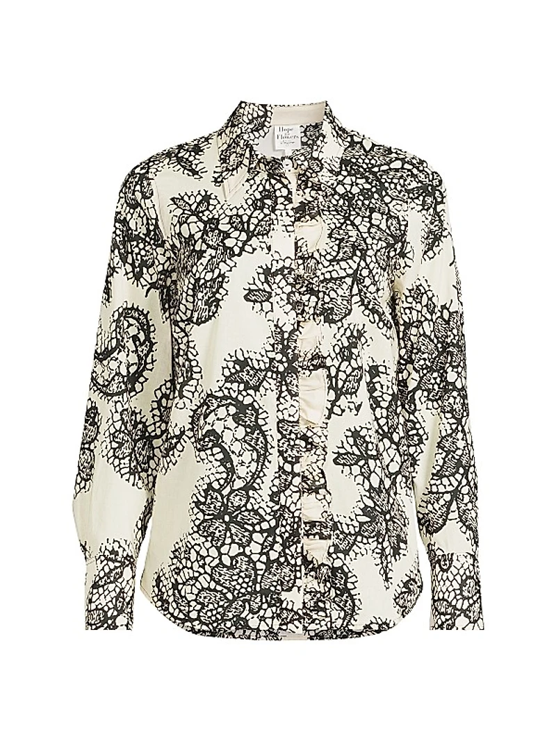 Lace Ruffle Cotton Button-Front Shirt