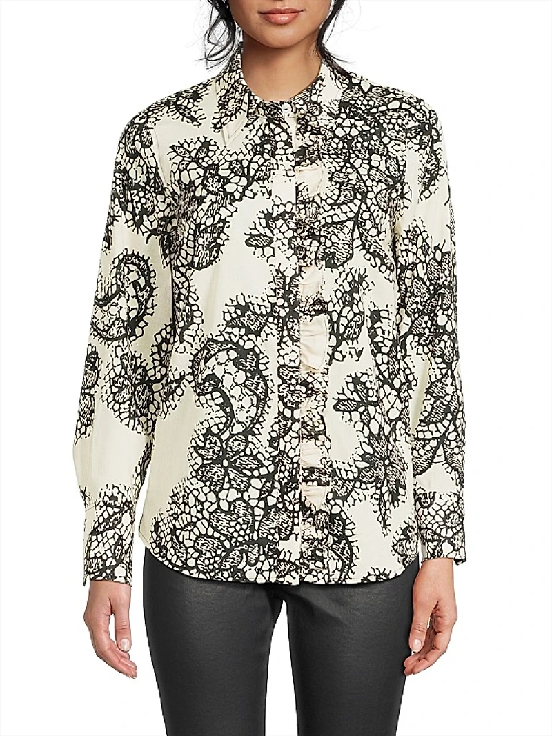 Lace Ruffle Cotton Button-Front Shirt
