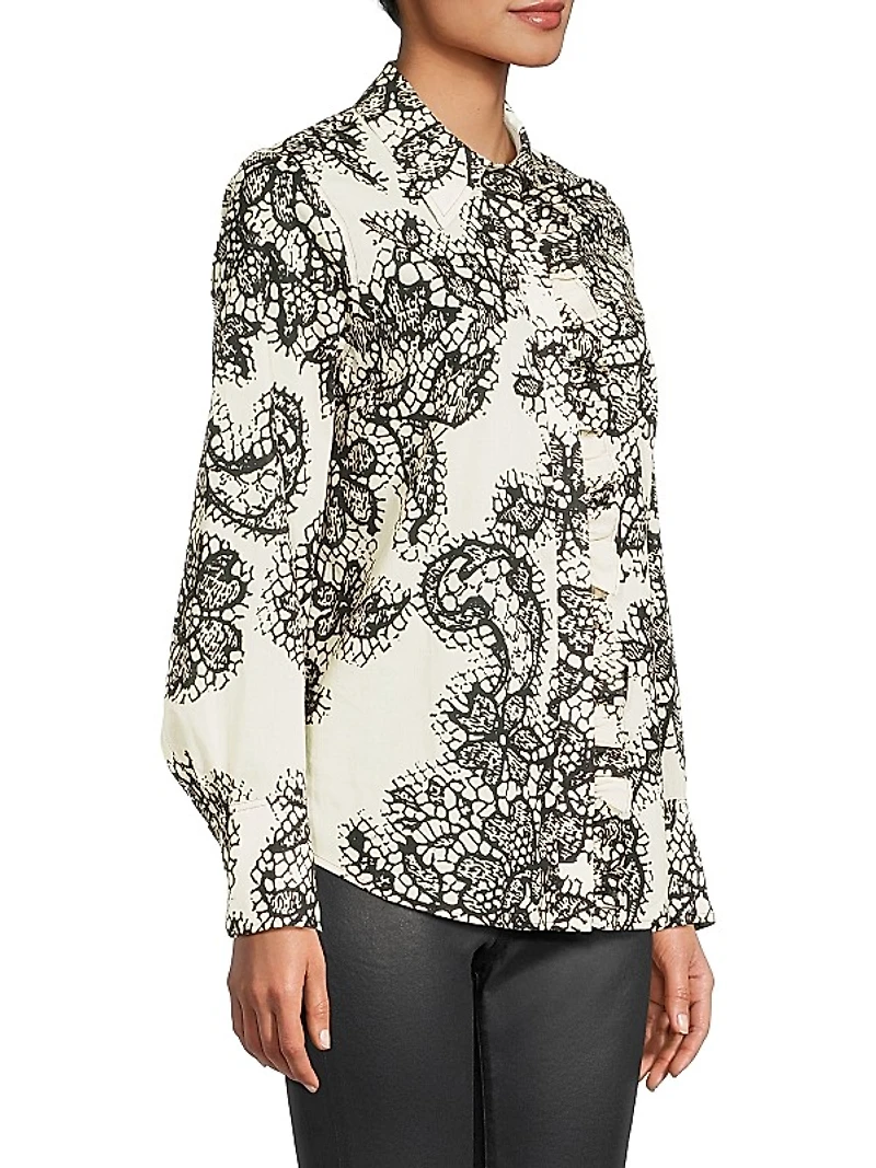 Lace Ruffle Cotton Button-Front Shirt