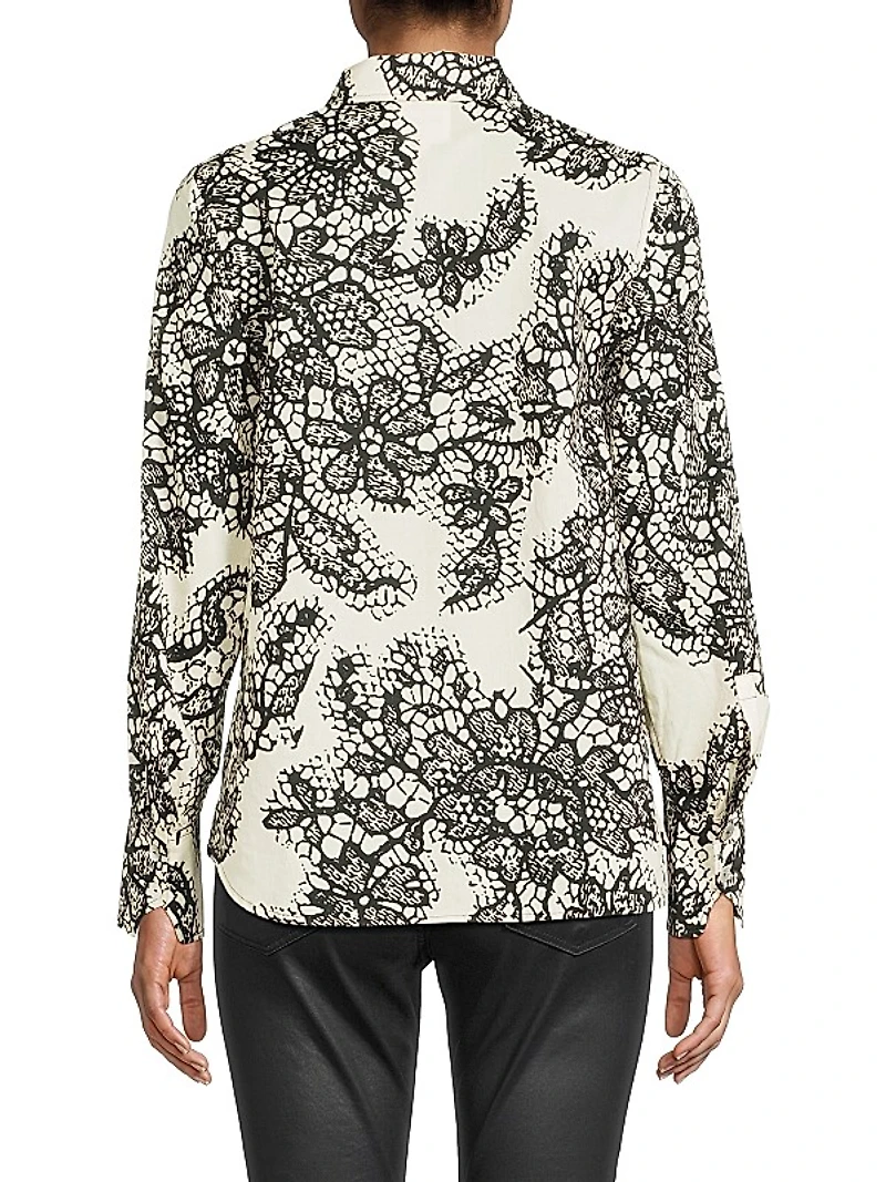 Lace Ruffle Cotton Button-Front Shirt