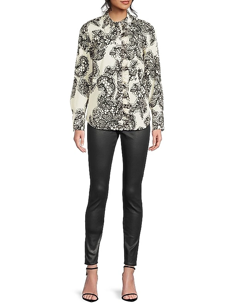 Lace Ruffle Cotton Button-Front Shirt