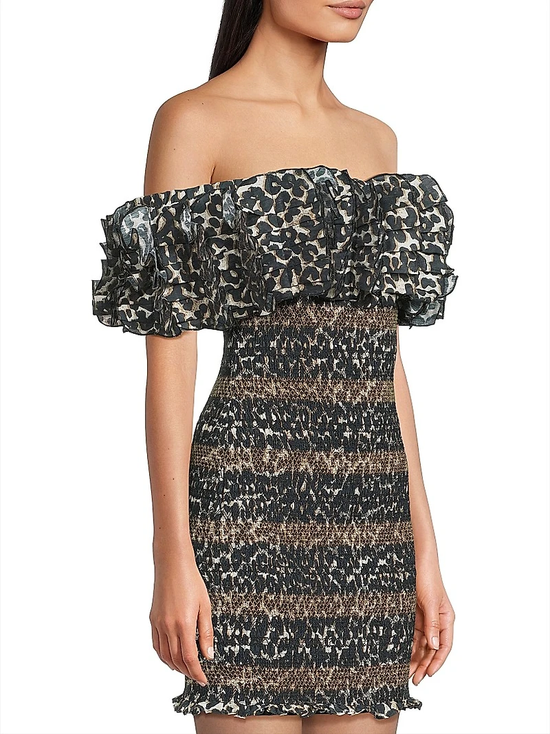 Leopard Smocked Off-The-Shoulder Minidress