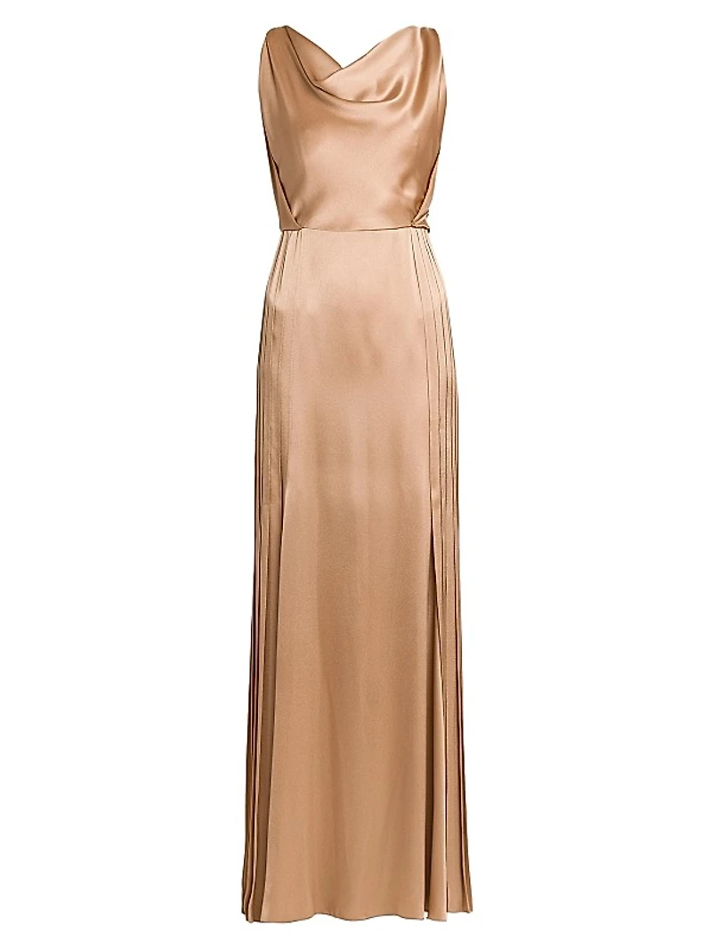 Pleated Satin Cowlneck Gown