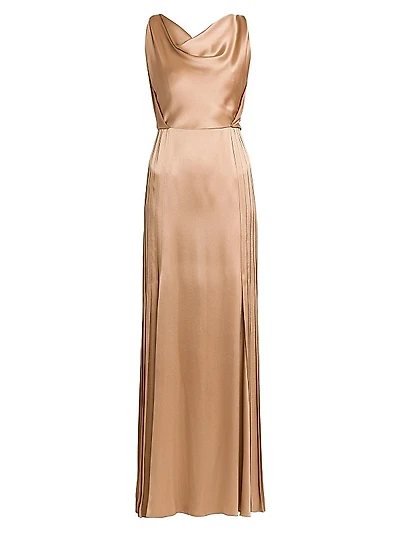 Pleated Satin Cowlneck Gown