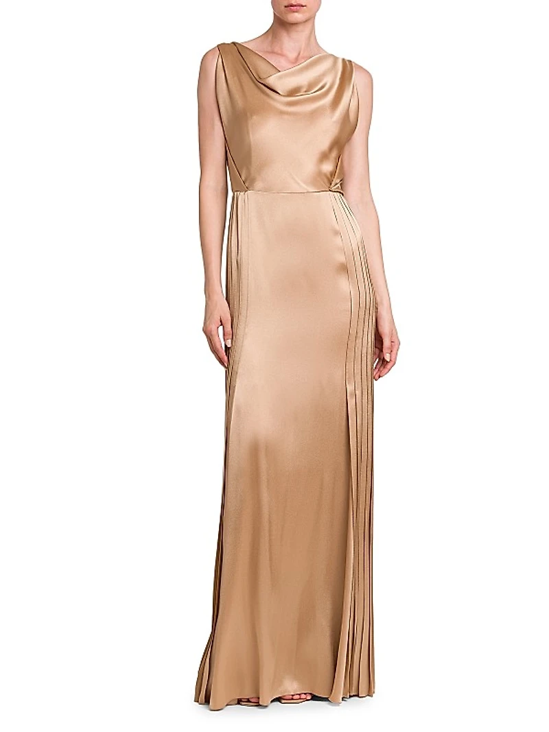 Pleated Satin Cowlneck Gown