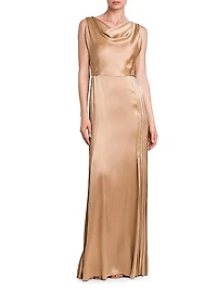 Pleated Satin Cowlneck Gown