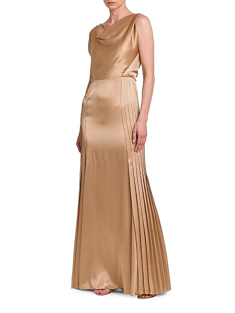 Pleated Satin Cowlneck Gown