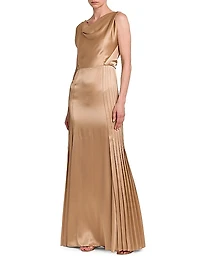 Pleated Satin Cowlneck Gown