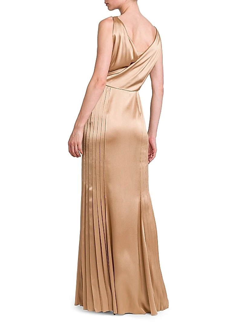 Pleated Satin Cowlneck Gown