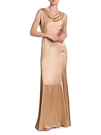 Pleated Satin Cowlneck Gown