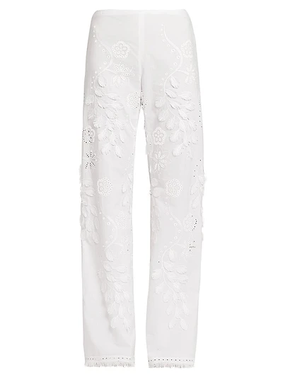 Embellished Broderie Anglaise Mid-Rise Straight-Leg Pants