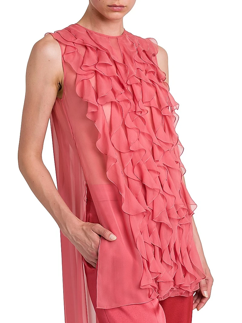 Ruffled Chiffon Cape-Back Blouse
