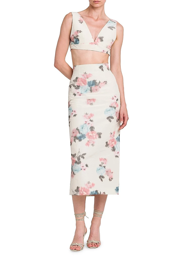 Floral Taffeta Pencil Midi-Skirt