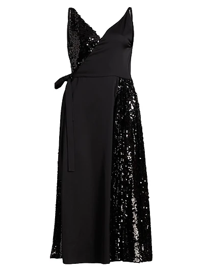 Sequined Mixed Media Wrap Dress