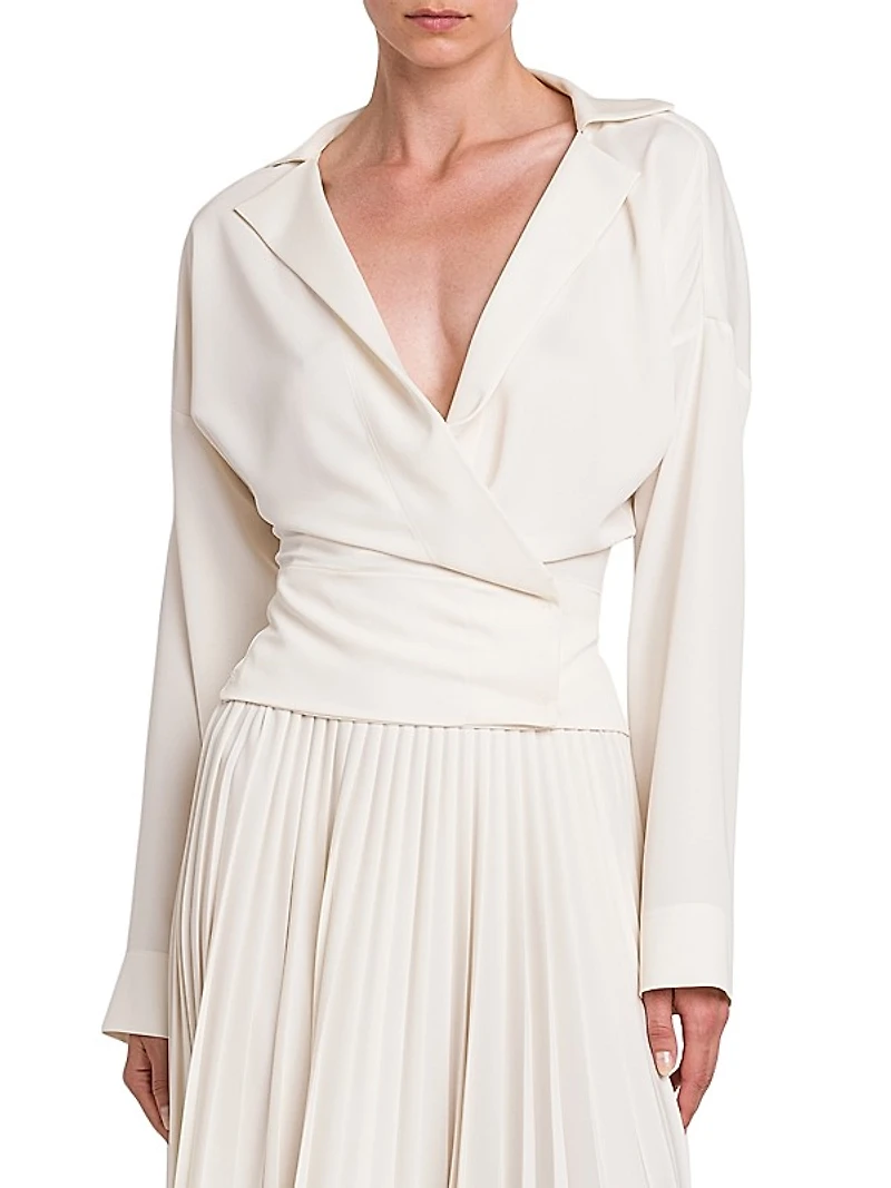 Crepe Surplice-Neck Wrap Blouse