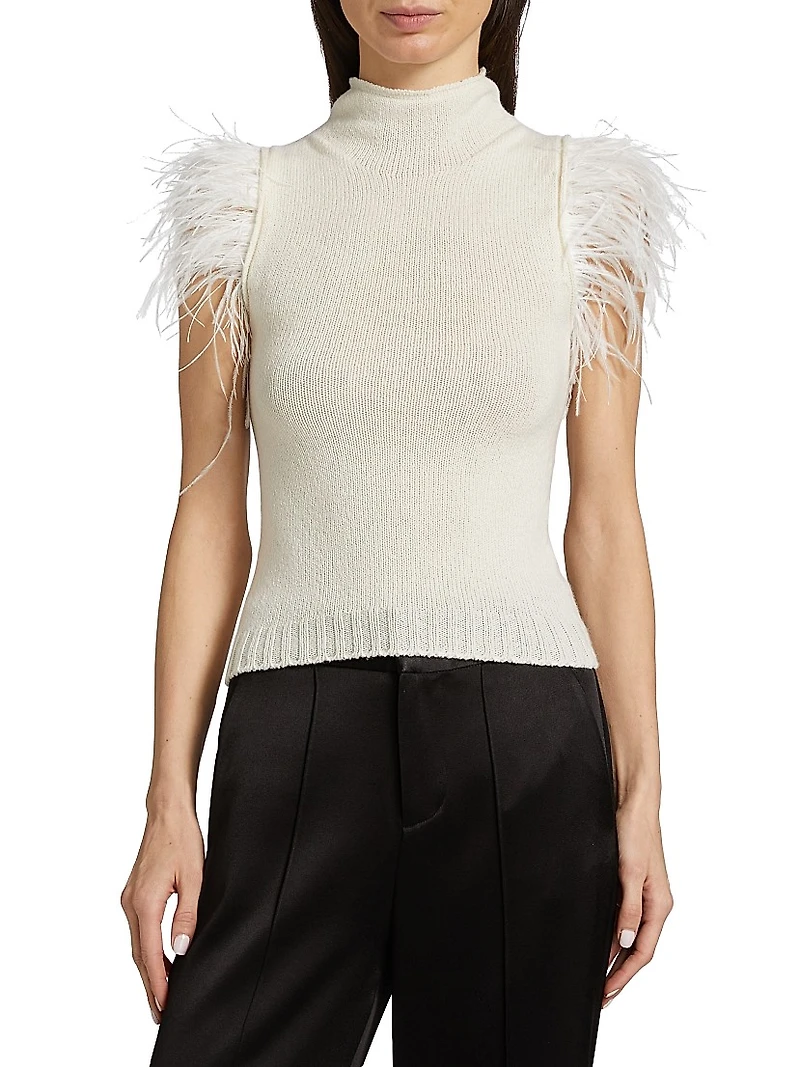Feather-Embellished Cashmere & Wool Top