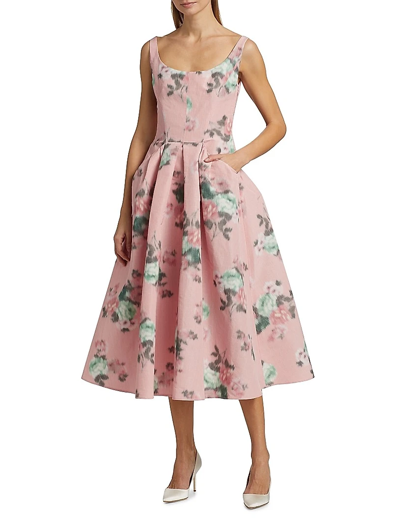 Floral Linen-Blend Cocktail Dress