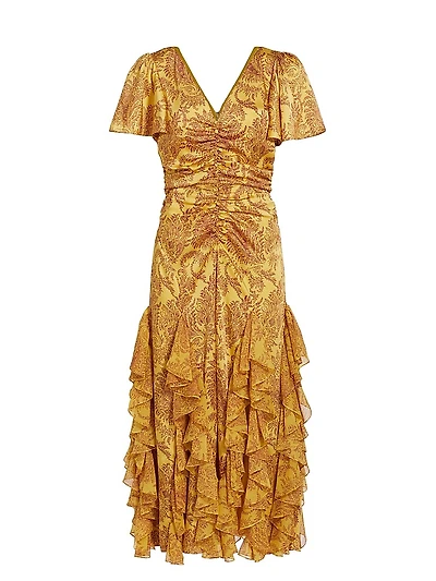 Olympia Paisley Ruffle Midi-Dress