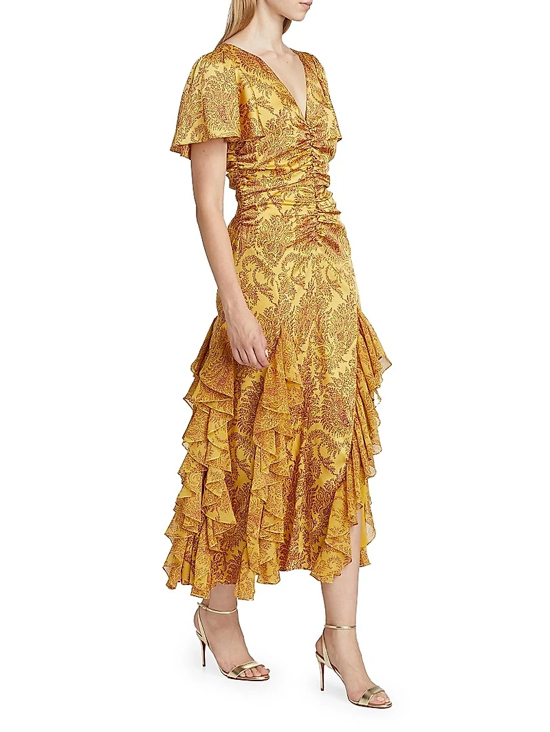 Olympia Paisley Ruffle Midi-Dress