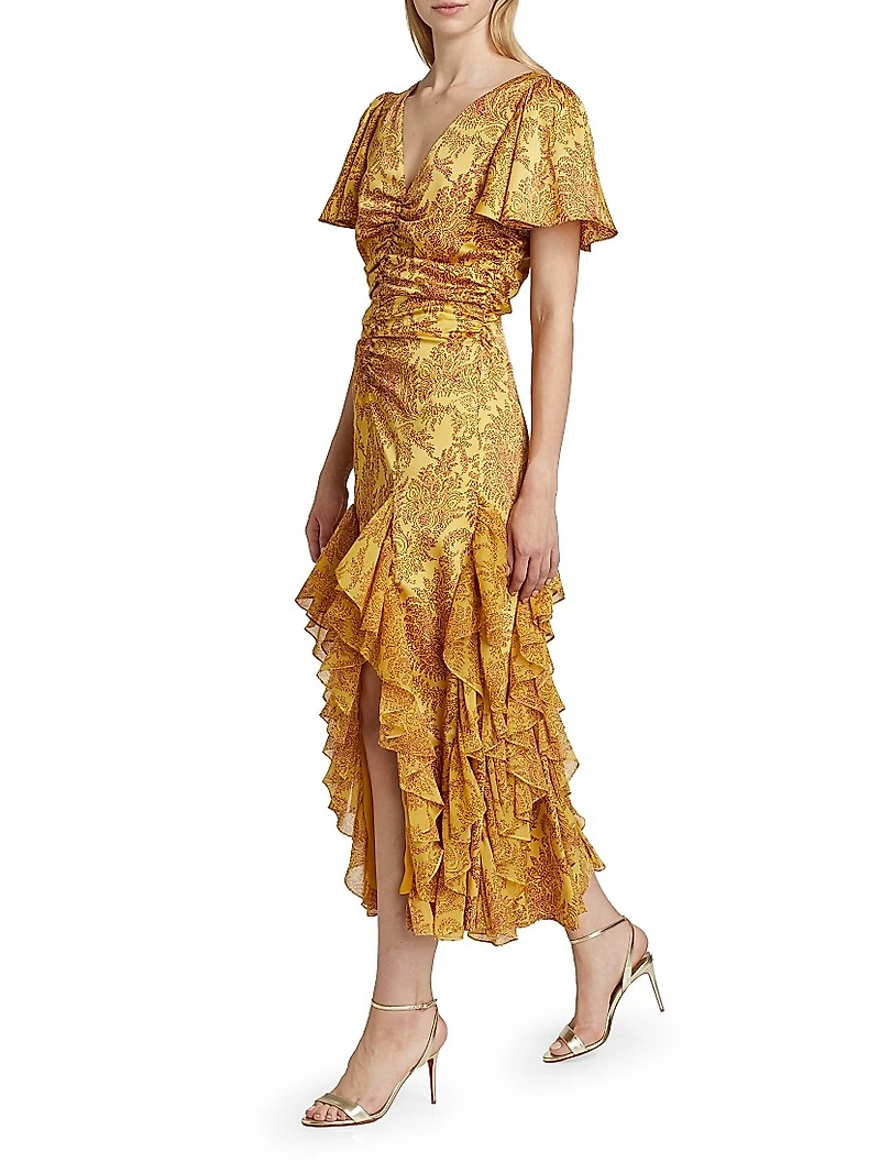 Olympia Paisley Ruffle Midi-Dress