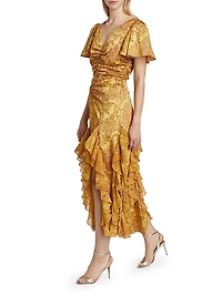 Olympia Paisley Ruffle Midi-Dress