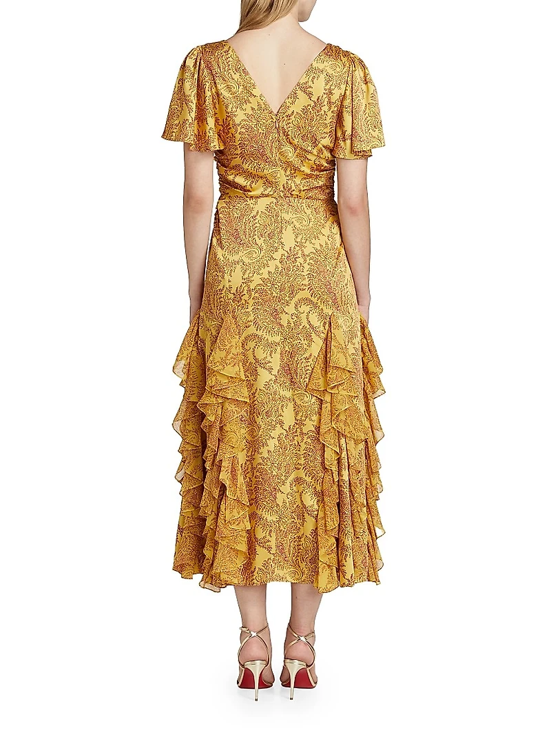 Olympia Paisley Ruffle Midi-Dress