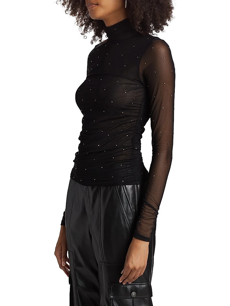 Heatset Shirred Mesh Turtleneck Top