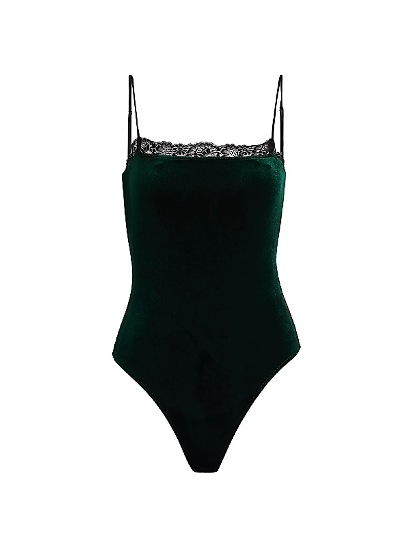 Aileen Lace-Trim Velvet Bodysuit