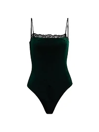 Aileen Lace-Trim Velvet Bodysuit
