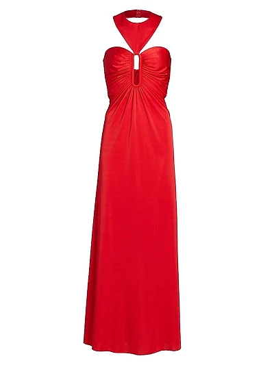 Victoria Ruched Jersey Halter A-Line Gown