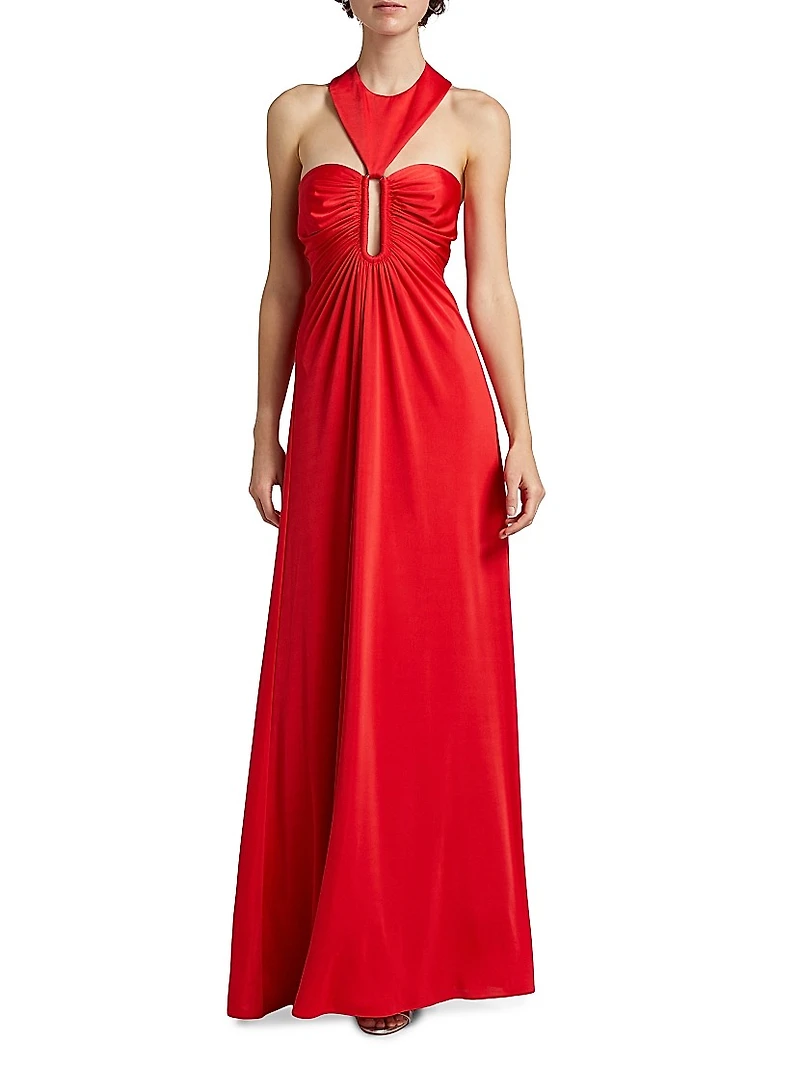 Victoria Ruched Jersey Halter A-Line Gown