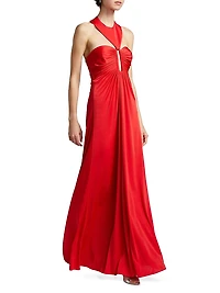 Victoria Ruched Jersey Halter A-Line Gown