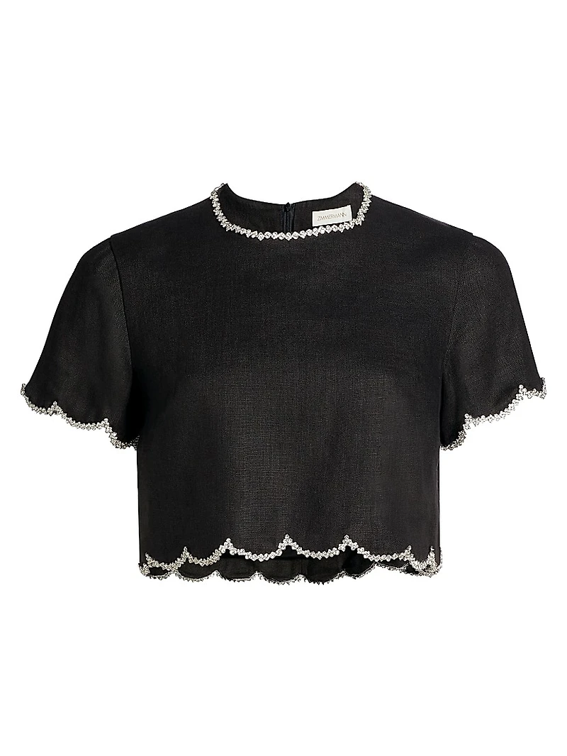 Crush Crystal-Embellished Scalloped Linen Crop Top