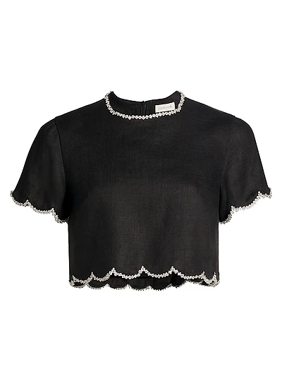 Crush Crystal-Embellished Scalloped Linen Crop Top