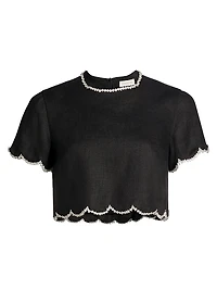 Crush Crystal-Embellished Scalloped Linen Crop Top