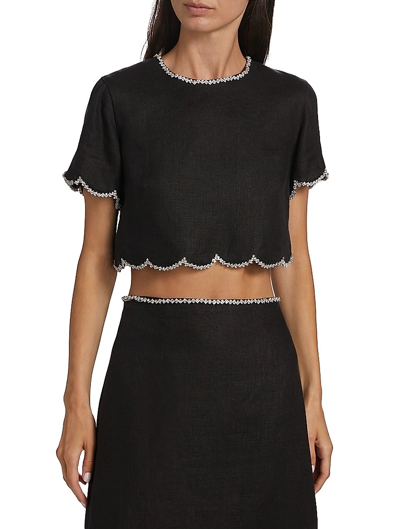Crush Crystal-Embellished Scalloped Linen Crop Top