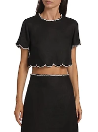 Crush Crystal-Embellished Scalloped Linen Crop Top