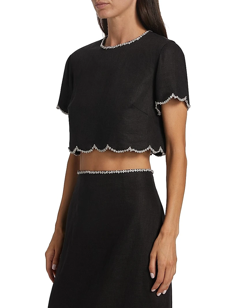 Crush Crystal-Embellished Scalloped Linen Crop Top