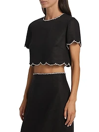 Crush Crystal-Embellished Scalloped Linen Crop Top