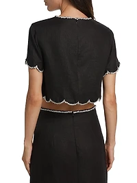 Crush Crystal-Embellished Scalloped Linen Crop Top