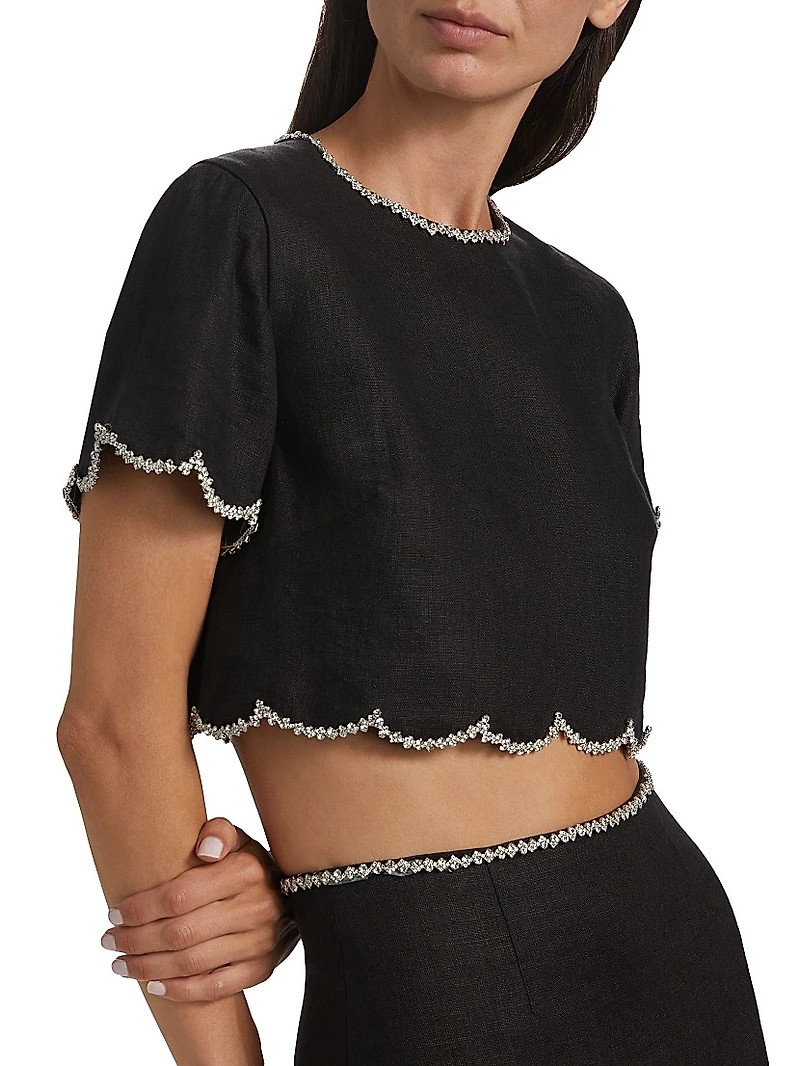 Crush Crystal-Embellished Scalloped Linen Crop Top